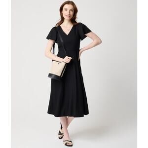 J.Crew Linen-Blend Midi Dress Womens 4 Black Flutter Short Sleeve V-Neck A-Line